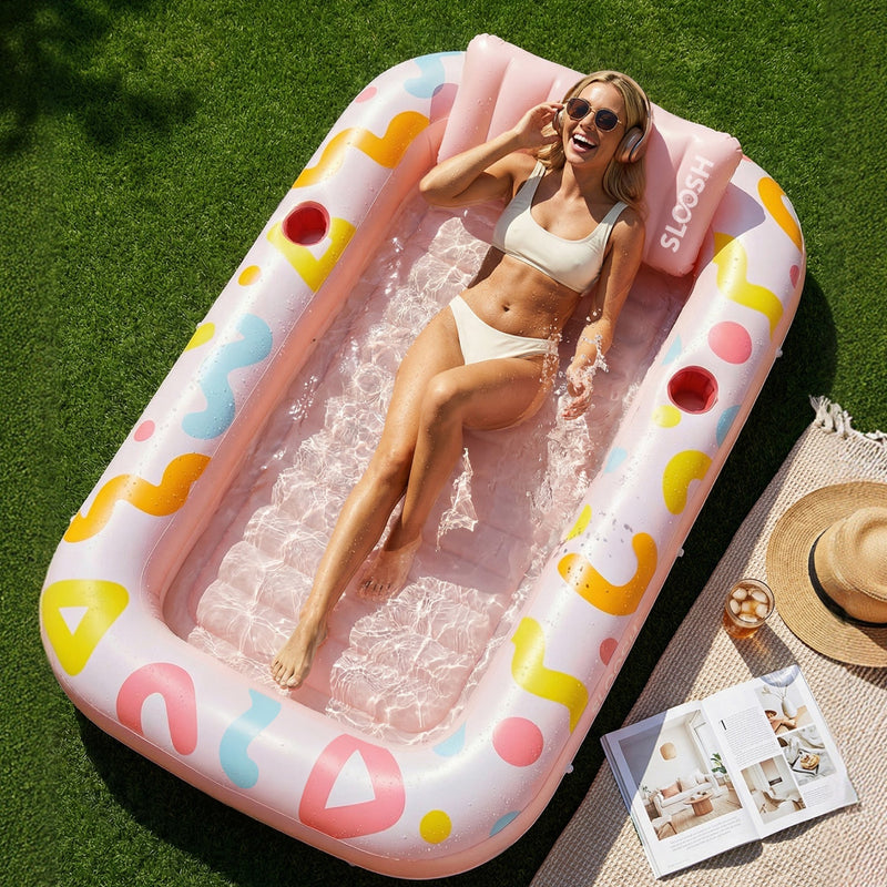 SLOOSH Inflatable Tanning Pool Lounger Float, Pink Doodle, 70