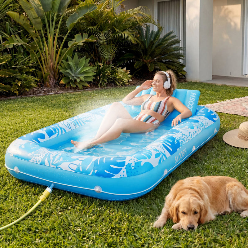 SLOOSH Inflatable Tanning Pool with Mist, 70“ Blue Tropical